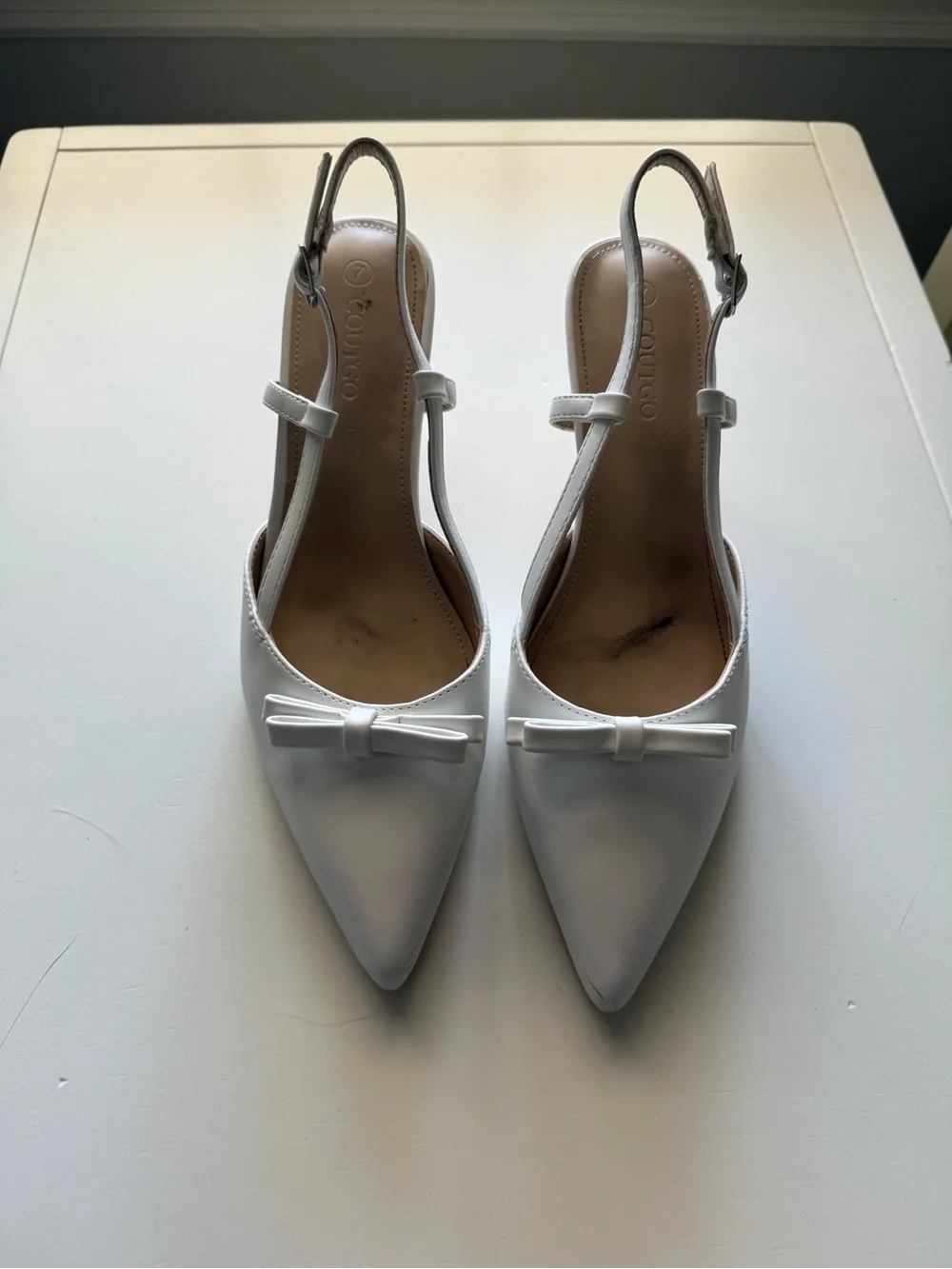 White Pointed Slingback Heels with Bow Accent